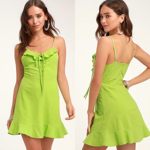 Lulu's Here to Dance Lime Green Lace-Up Mini Dress - Picture 1 of 8